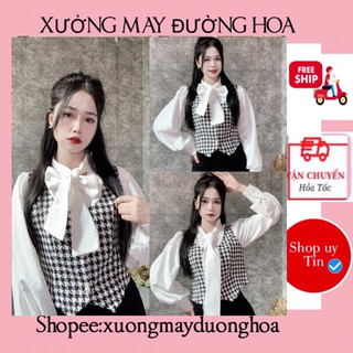 Áo sơ mi phối dạ kẻ zik zak cổ nơ siêu đẹp