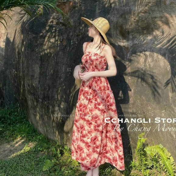Đầm dài dự tiệc, thời trang nữ chất voan hoa cao cấp cổ dây không tay chạy smocking thân trước sau váy dài xoè maxi