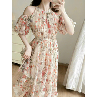 Đầm dự tiệc sang trọng, thời trang nữ chất voan hoa cổ yếm hở vai tay ngắn chạy thun eo dáng váy dài xoè maxi trẻ trung