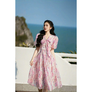 Đầm dự tiệc sang trọng thời trang nữ chất voan hoa tay ngắn phồng cổ tim thắt nơ bo eo dáng váy dài xoè maxi