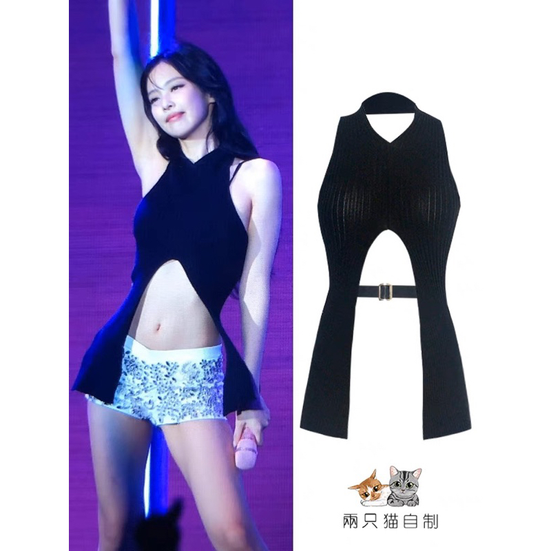 （Sẵn) Jennie cùng phong cách màu đen treo cổ slim fit hở lưng thiết kế áo vest dệt kim top