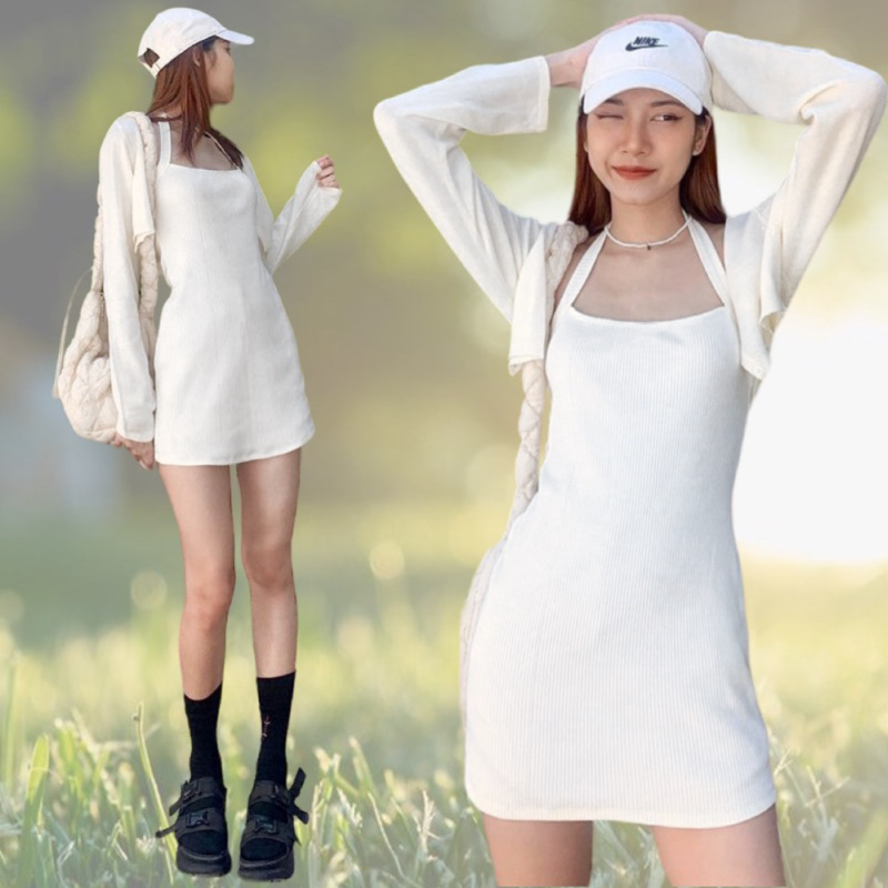 Đầm ngắn cổ yếm tulip 3 màu Hồng/ Trắng/ Đen thun gân