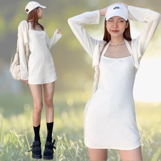 Đầm ngắn cổ yếm tulip 3 màu Hồng/ Trắng/ Đen thun gân