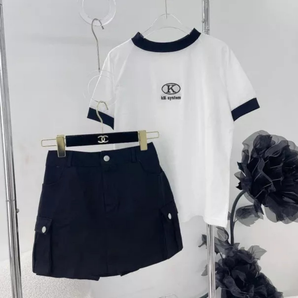 Sét áo phối viền thêu Logo chất thun Gân co giãn 4 chiều + chân váy túi hộp CÓ QUẦN TRONG chất Kaki SIÊU XINH