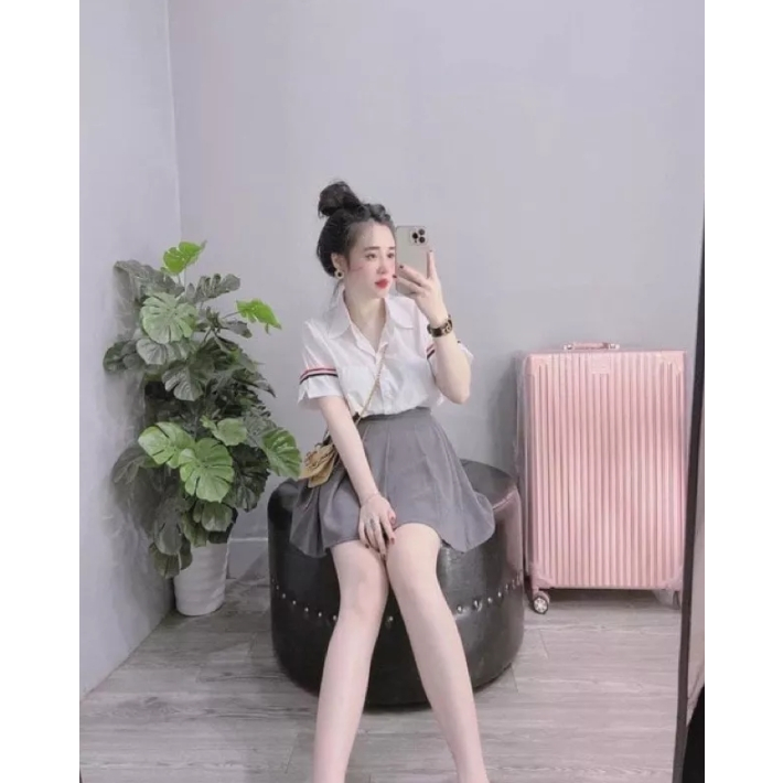 Sét áo sơ mi sọc + chân váy Xám xếp ly có quần trong chất kate dày Size S, M Siêu Xinh