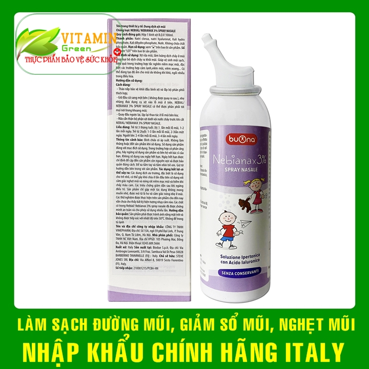 Buona Nebial / Nebianax 3% Spray giúp làm sạch và giảm tình trạng nghẹt mũi, chảy nước mũi | Nhập khẩu chính hãng Italy