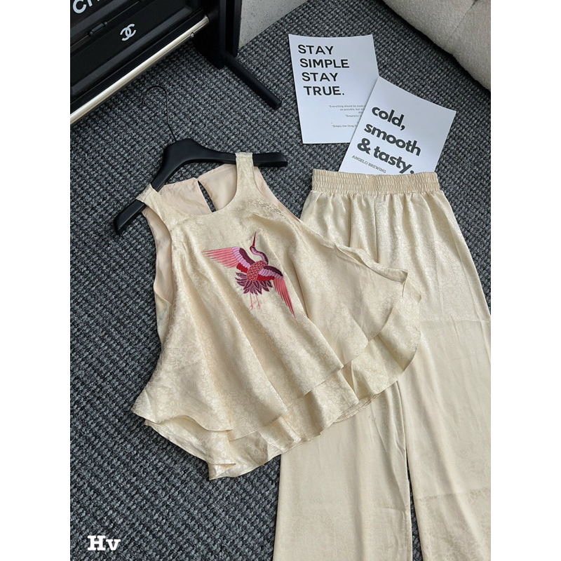 Set lụa tằm thêu hạc