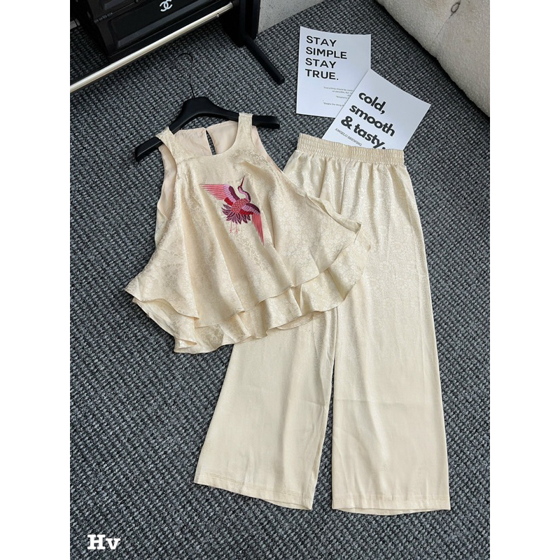 Set lụa tằm thêu hạc