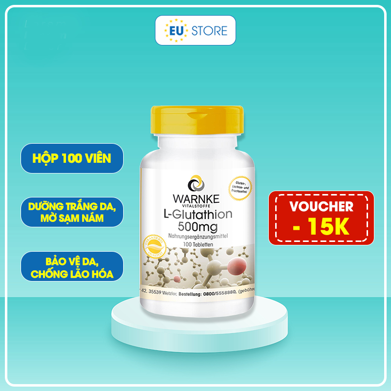 Viên uống trắng da L Glutathione 500mg Warnke Đức 100 viên, mờ sạm nám, chống lão hóa da