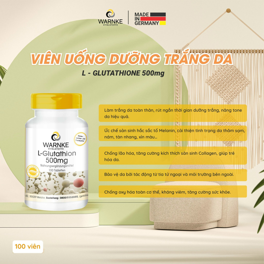 Viên uống trắng da L Glutathione 500mg Warnke Đức 100 viên, mờ sạm nám, chống lão hóa da