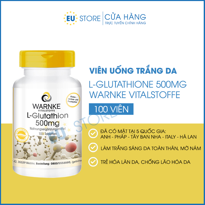 Viên uống trắng da L Glutathione 500mg Warnke Đức 100 viên, mờ sạm nám, chống lão hóa da