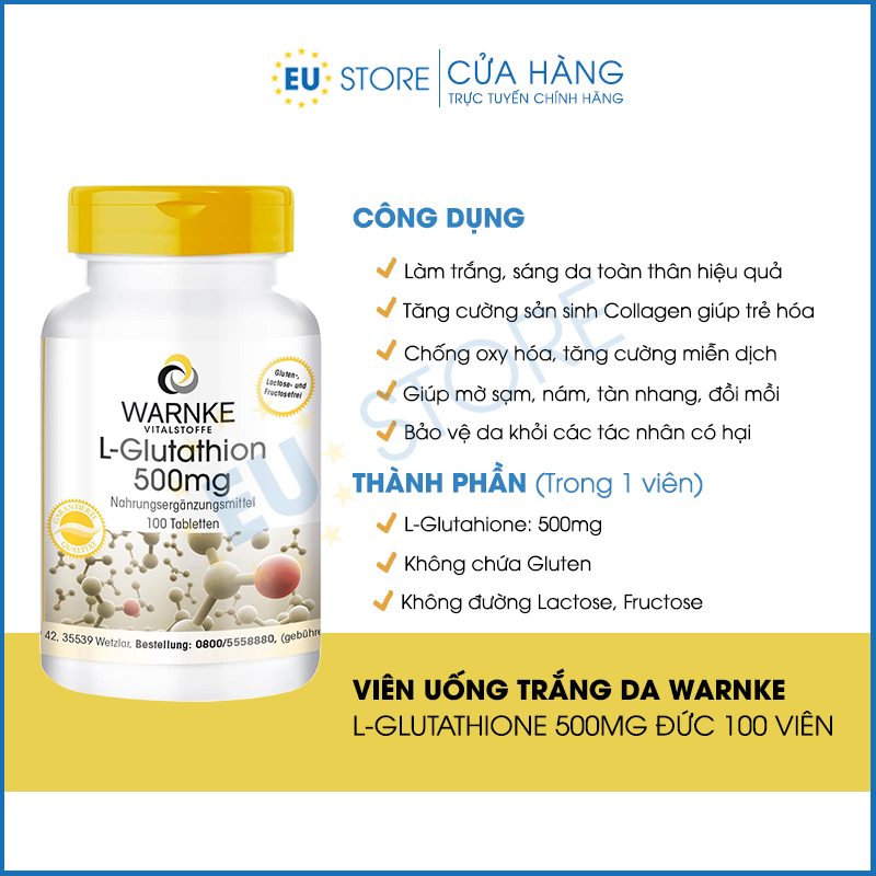 Viên uống trắng da L Glutathione 500mg Warnke Đức 100 viên, mờ sạm nám, chống lão hóa da