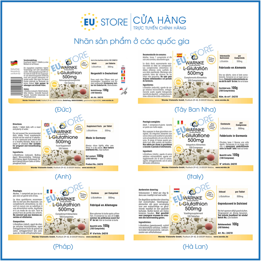 Viên uống trắng da L Glutathione 500mg Warnke Đức 100 viên, mờ sạm nám, chống lão hóa da