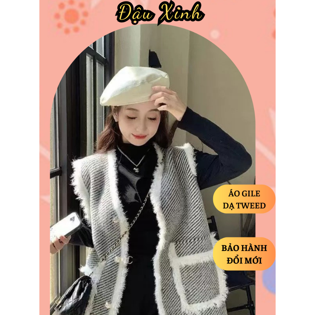 Áo khoác gile, ghi le nữ áo khoác không tay kẻ nhỏ viền lông sang chảnh shop Đậu Xinh - 133