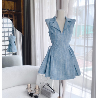 Đầm Jean Cổ Sơ Mi Đan Dây Eo
