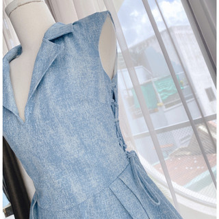 Đầm Jean Cổ Sơ Mi Đan Dây Eo