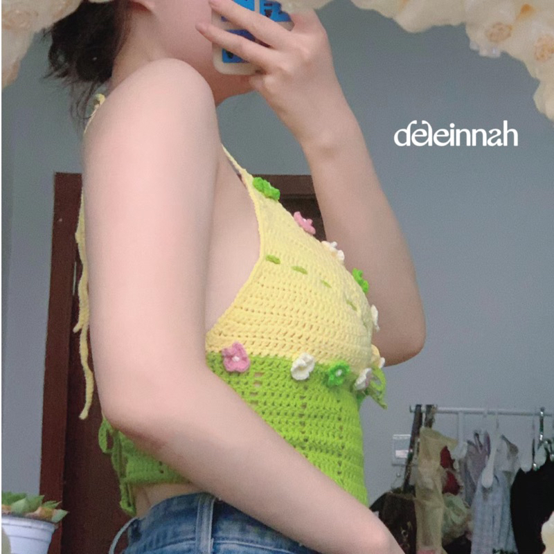 𝐌𝐘𝐎𝐒𝐎𝐓𝐈𝐒 𝐂𝐑𝐎𝐂𝐇𝐄𝐓 𝐓𝐎𝐏 I Áo croptop len gắn hoa lưu ly dễ thương