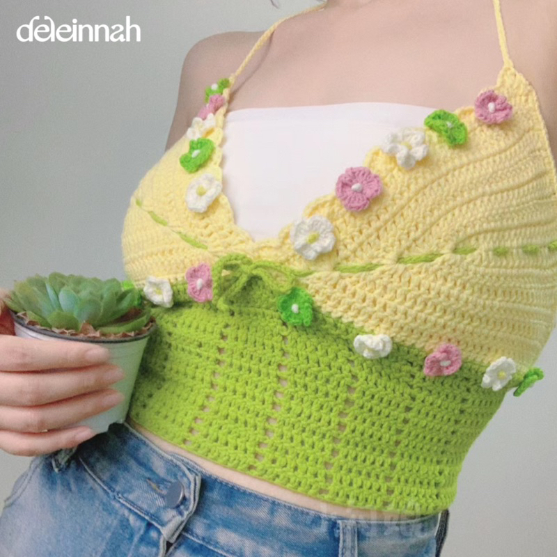 𝐌𝐘𝐎𝐒𝐎𝐓𝐈𝐒 𝐂𝐑𝐎𝐂𝐇𝐄𝐓 𝐓𝐎𝐏 I Áo croptop len gắn hoa lưu ly dễ thương