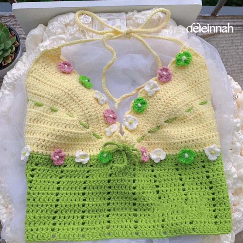 𝐌𝐘𝐎𝐒𝐎𝐓𝐈𝐒 𝐂𝐑𝐎𝐂𝐇𝐄𝐓 𝐓𝐎𝐏 I Áo croptop len gắn hoa lưu ly dễ thương