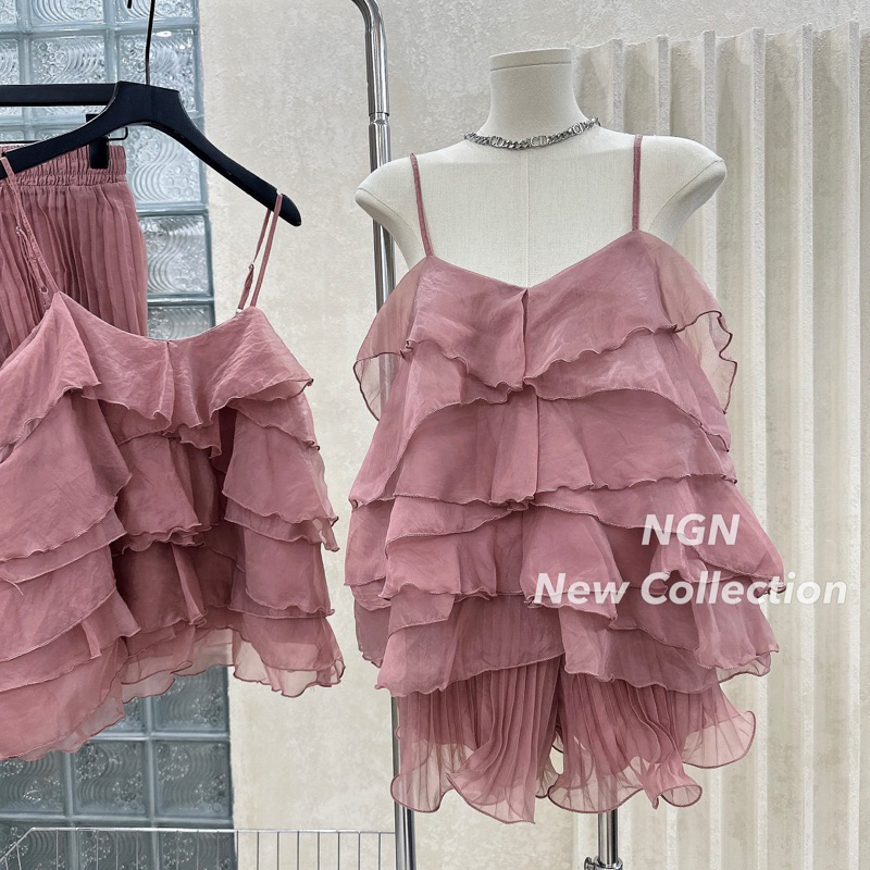 Sét áo hai dây tơ nhiều tầng + quần xếp li