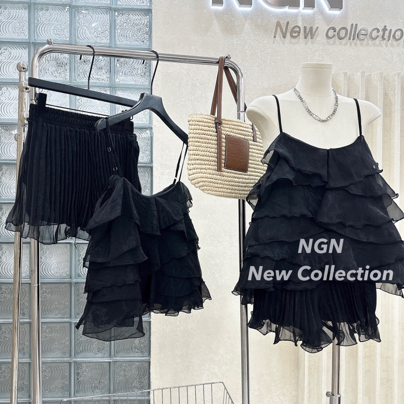 Sét áo hai dây tơ nhiều tầng + quần xếp li