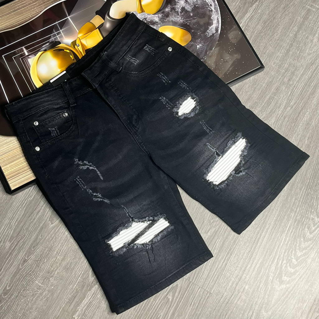 Quần short jean nam rách vá da gối chất bò cao cấp cực đẹp quần jean ngắn nam ptz.boutique Q009