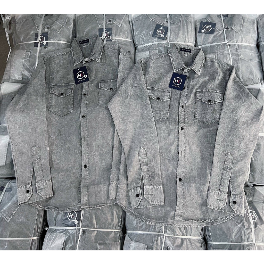 Áo sơ mi chất đũi tay dài phối màu giả rin nam nữ đều mặc được