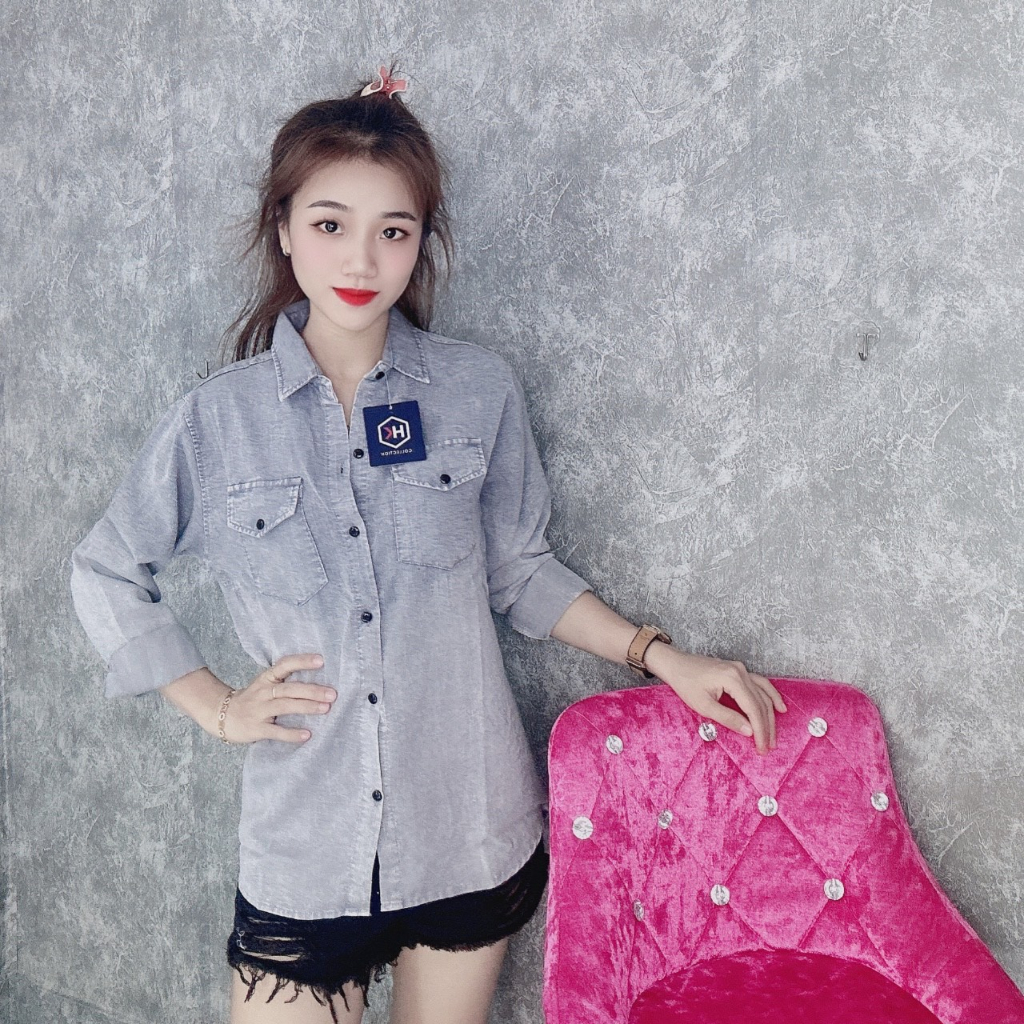 Áo sơ mi chất đũi tay dài phối màu giả rin nam nữ đều mặc được