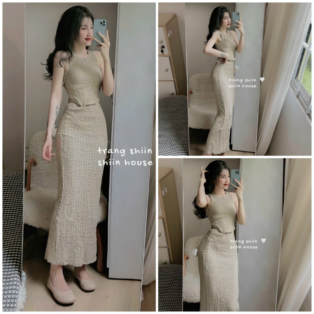 Set đầm váy nữ áo kiểu sát nách cổ tròn phối chân váy suông dài với tone màu sang chảnh dành cho các nàng đi tiệc,hẹn ho
