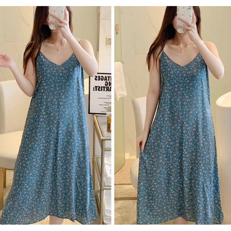 Váy lanh, váy ngủ Quảng Châu 2 dây mềm mát, hoạ tiết trẻ trung, thời trang