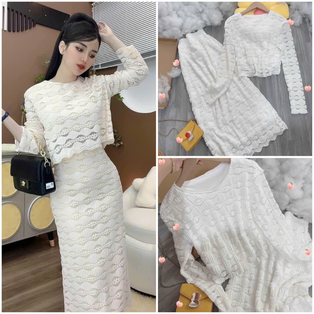 Set đầm váy nữ áo kiểu croptop cổ tròn, tay dài phối chân váy suông dài tôn dáng dành cho các nàng mặc đi chơi, hẹn hò.