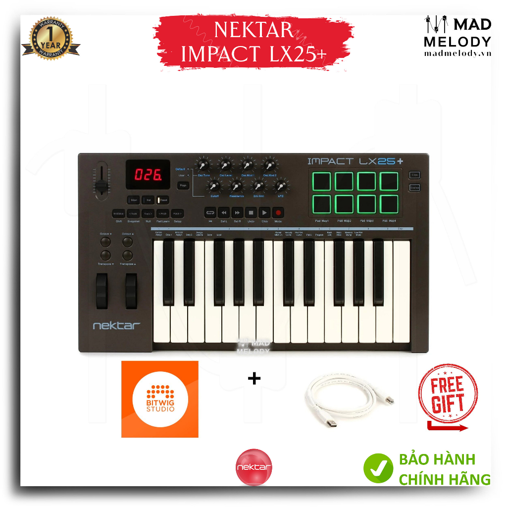 [BH1NĂM] Đàn làm soạn nhạc Nektar Impact LX25+ 25-Key USB MIDI Keyboard Controller Chính Hãng Nguyên Zin (Brand New)