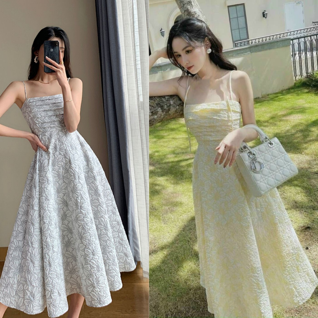Đầm váy nữ 2 dây dáng xòe xếp ly ngực hoa nổi kiểu tiểu thư siêu xinh, Váy maxi thiết kế nhún ngực bo chun lưng TV31