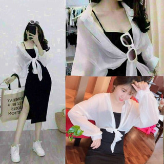 Đầm váy body 2 dây kèm áo khoác voan lụa mỏng ngắn cột thắt nơ đi biển đi chơi, Set bộ nữ đầm body kèm áo sơ mi VP19