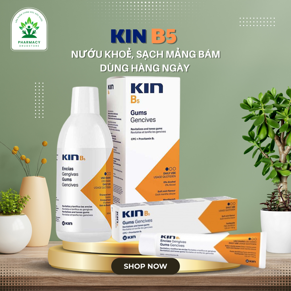 Combo Nước Súc Miệng Kem Đánh Răng Kin B5 Làm Sạch Mảng Bám, Phục Hồi Nướu, Ngừa Sâu Răng 500ml/125ml