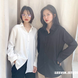 Áo Sơ Mi Nữ Kiểu Dài Tay Form Rộng, Áo Sơ Mi Nữ Trắng Bigsize Đi Học, Công Sở Vải Lụa Sơ Mi Trắng Đen Leevin Store