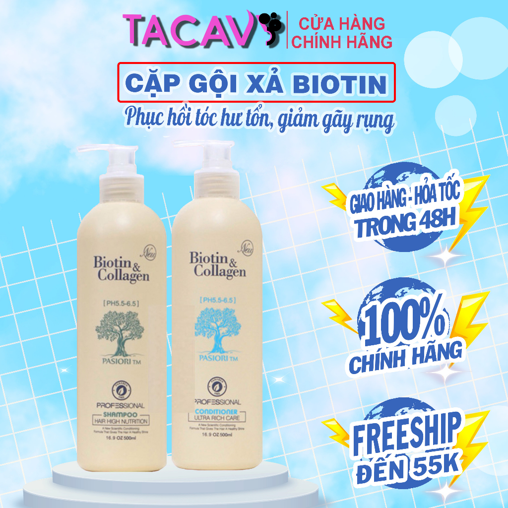 Biotin Collagen - Cặp Dầu Gội Biotin Collagen Trắng 1000ml - Biotin Collagen Giảm Rụng Tóc, Phục Hồi Tóc