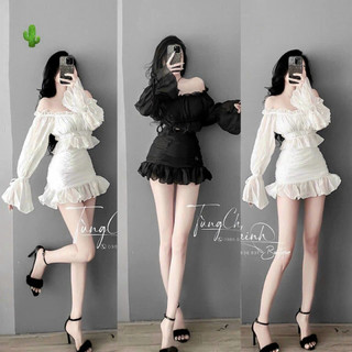Set chân váy nhúng bẹt vai voan kèm áo voan tay loe xinh 2 màu