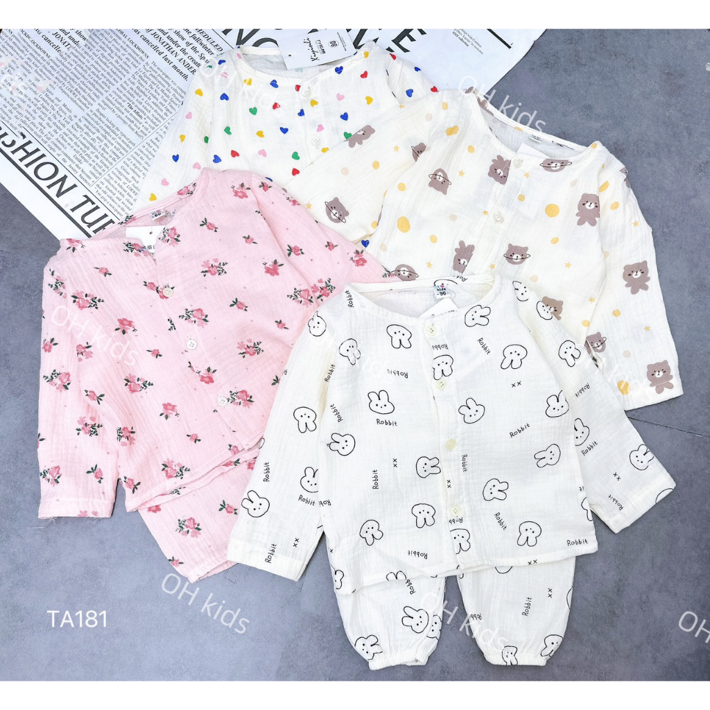 Đồ bộ ngủ áo quần Pijama tay dài quần dài bo chun cho bé trai bé gái trẻ em sơ sinh vải Xô Muslin