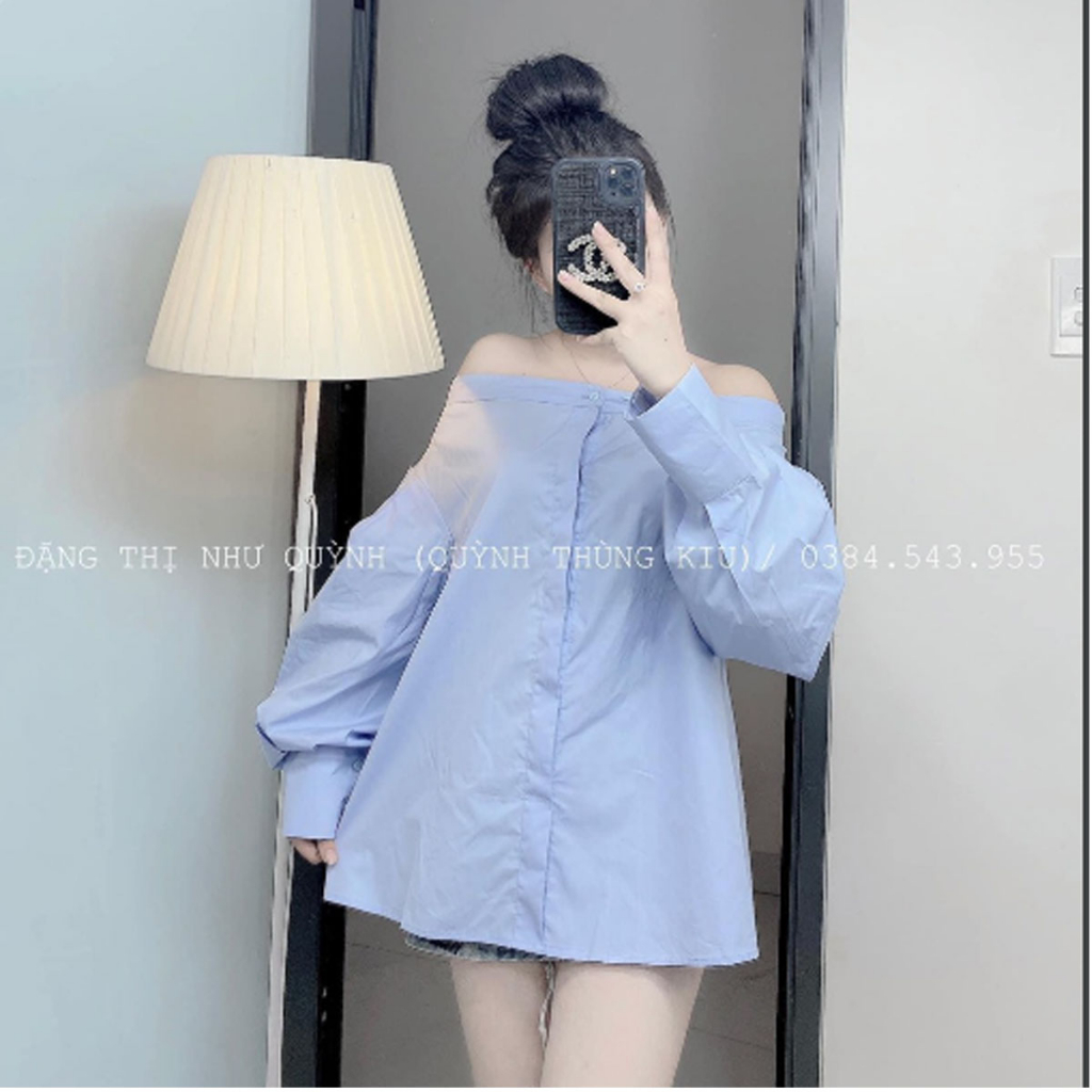 Set áo sơ mi trễ vai mix chân váy tiểu thư sang chảnh