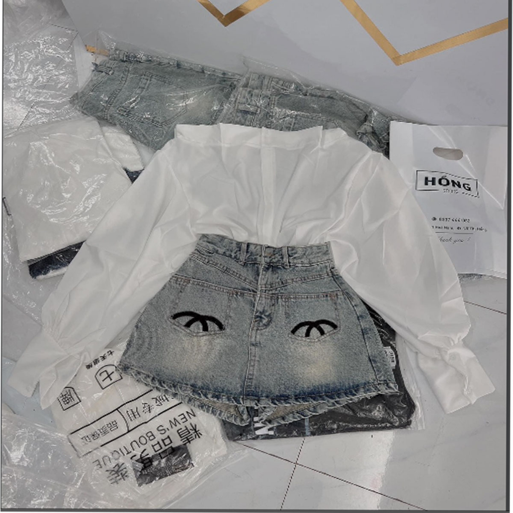 Set áo sơ mi trễ vai mix chân váy tiểu thư sang chảnh