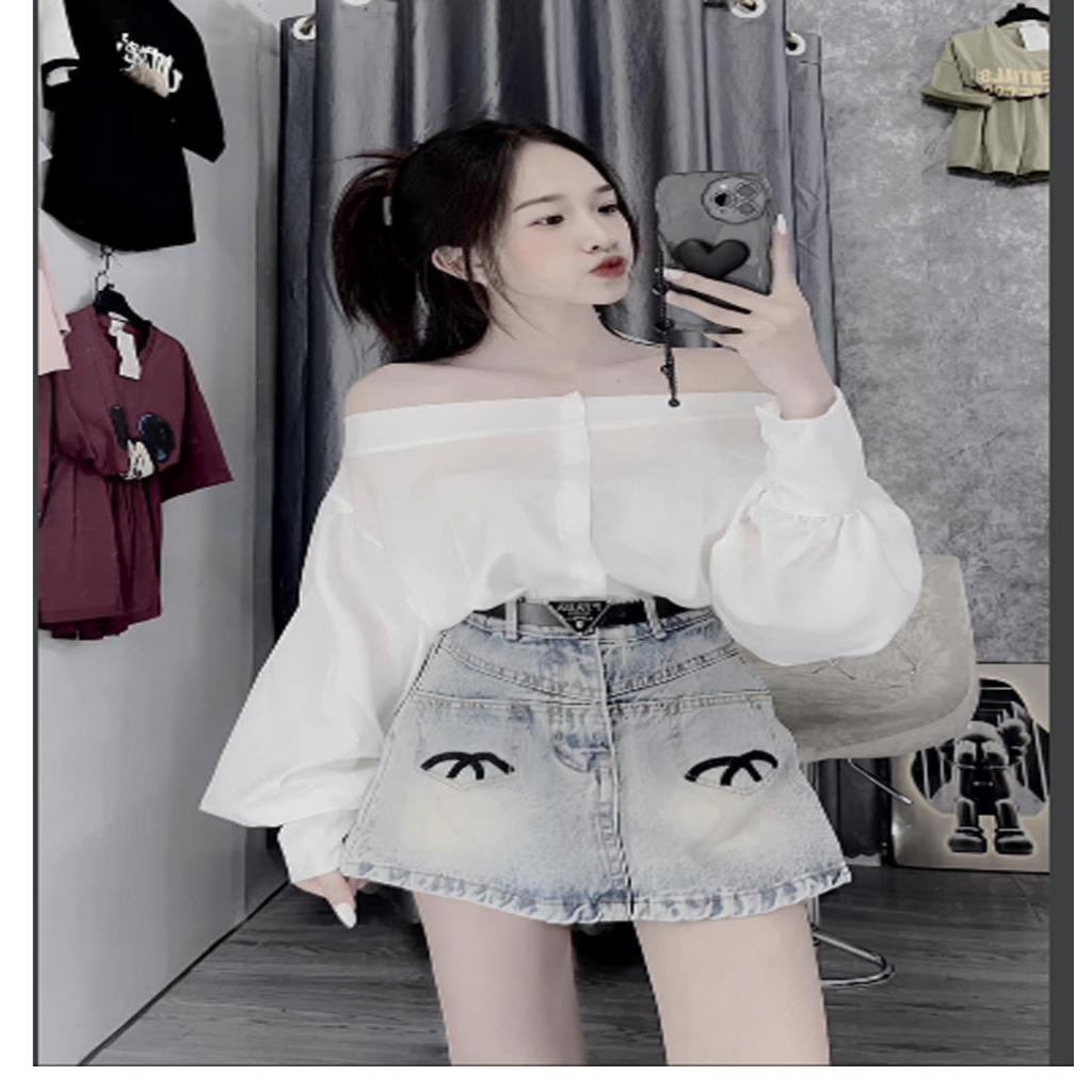 Set áo sơ mi trễ vai mix chân váy tiểu thư sang chảnh