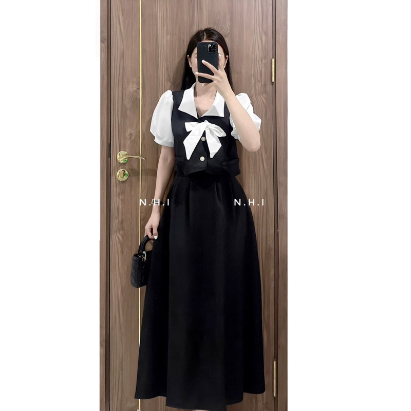 Set váy ,Set áo tay bồng tiểu thư pha màu kèm chân váy dài dáng tiểu thư sang trọng