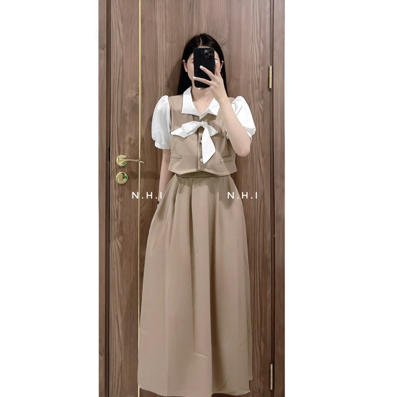 Set váy ,Set áo tay bồng tiểu thư pha màu kèm chân váy dài dáng tiểu thư sang trọng