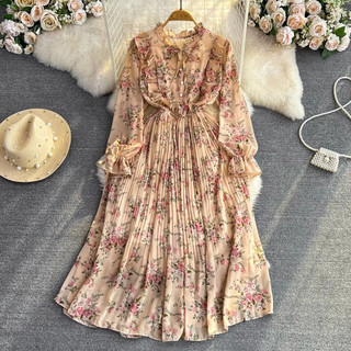 #3019 Đầm tay dài xếp ly hoa nhí chiết eo siêu xinh