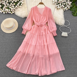 #3020 [Order] Đầm tay dài dáng cổ V voan trơn siêu xinh