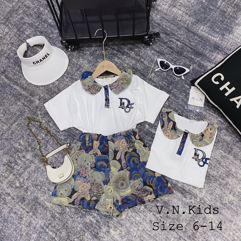 Set áo cổ sen Dio + quần gấm gấu xanh xinh sang size đại 19kg-44kg