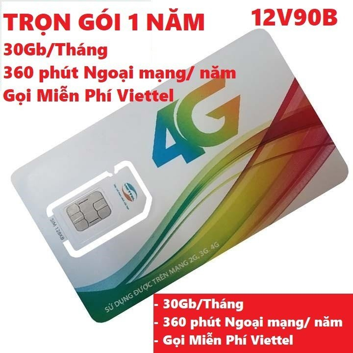 Miễn Phí 1 Năm- Sim 4G Viettel 12V90B Có 1GB/Ngày 360GB/Năm Tốc Độ Cao Nghe Gọi Được