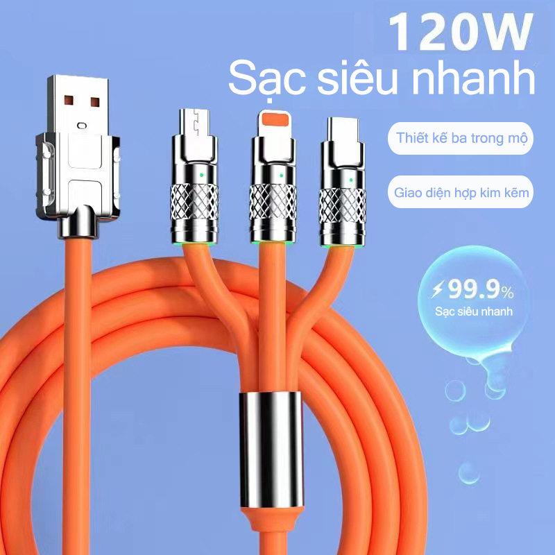 Dây Cáp Sạc Nhanh 120W 6A Bằng Hợp Kim Kẽm Và Silicon Chính hãng Shop3g4g Dây sạc điện thoại 3 đầu cho nhiều loại máy
