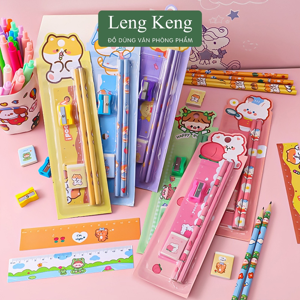 Bộ 5 dụng cụ học tập gồm bút chì, tẩy, thước, đồ chuốt văn phòng phẩm Leng Keng B43